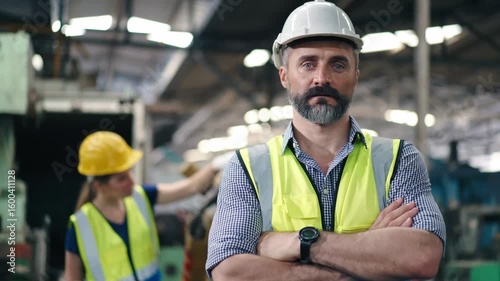 Portrait of confidence male engineer foreman in arms crossed looking at camera standing at construction site of industrial technology. Modern factory, 