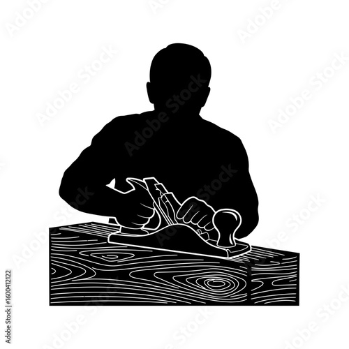 Carpenter Working with Plane on Wood Silhouette: Craftsmanship & Woodworking