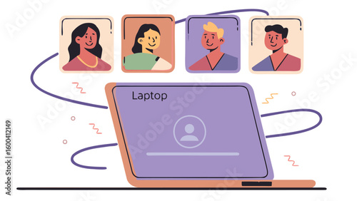 Illustration of a laptop displaying a video call with four participants in separate windows online