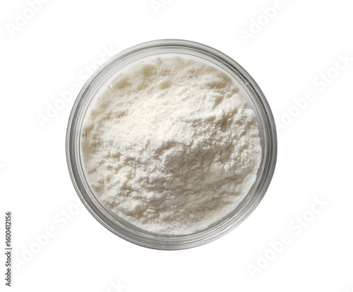 Overhead view of flour or powder in glass bowl against white background on transparent background