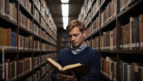 Young man reading vintage book in library aisle, academic research, university education, literature study, knowledge exploration, intellectual curiosity, classic library interior, focused student lea