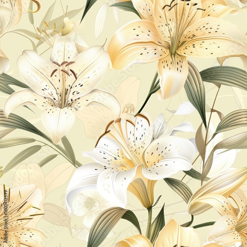 Elegant seamless botanical lily floral pattern with soft cream and beige blooms perfect for delicate design backgrounds and fabric textures.