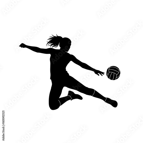 Volleyball Woman Jumping and Kicking Ball Silhouette: Energetic Athletic Play