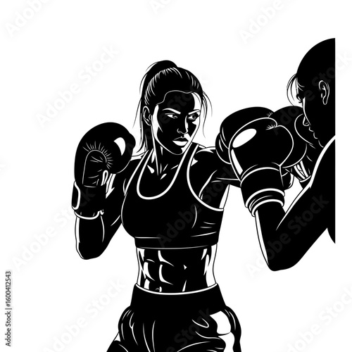 Woman Boxer Hitting Sparring Partner's Glove Silhouette: Dynamic Combat Training