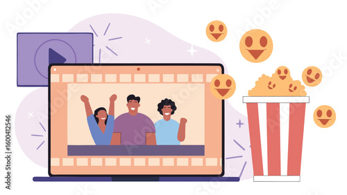 Laptop showing people watching a movie with popcorn and floating smileys in a light purple setting