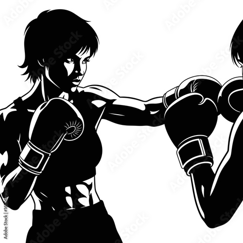 Woman Boxer Hitting Sparring Partner's Glove Silhouette: Training & Power