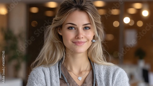A smiling young woman with blonde hair wearing a headset, sitting in a modern, softly lit office environment.