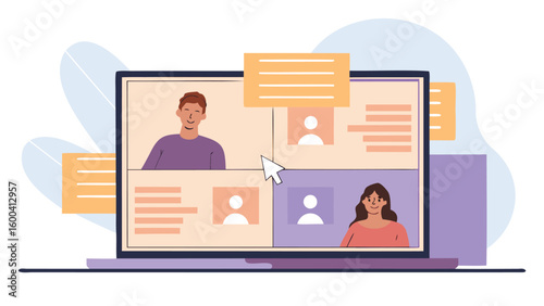 Online meeting interface on a laptop screen with people and content displayed in different sections