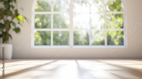Serene Sunlight Streaming Through Arch Window onto Light Wood Floor