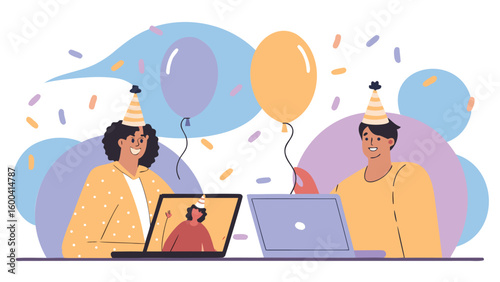 People celebrating online with balloons and confetti during a virtual birthday party illustration