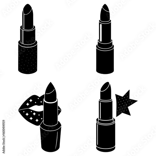 A collection of four lipstick illustrations in black and white with different decorative elements
