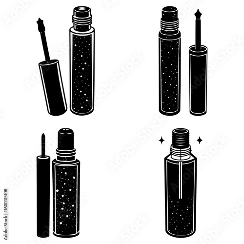 Illustration of four cosmetic containers with applicators and glitter detail in black and white style