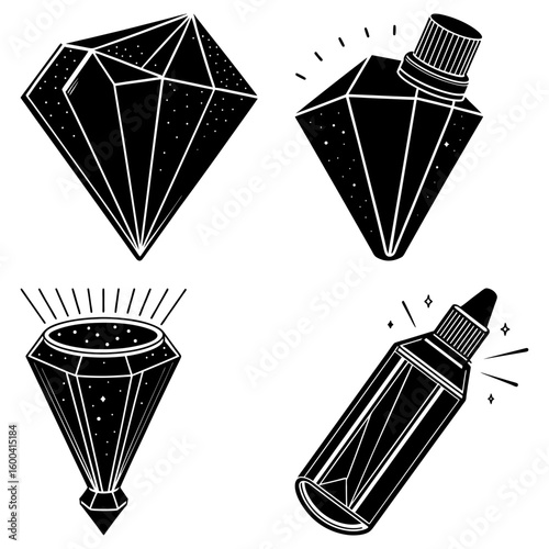 Four black and white diamond illustrations with different designs and bottle shapes displayed nicely