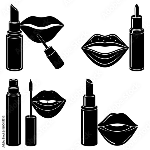 Illustration featuring lipstick tubes and lip gloss applicators paired with lips in black and white