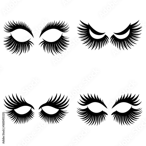 Illustration showing four sets of stylized eyes with long eyelashes in black and white design style