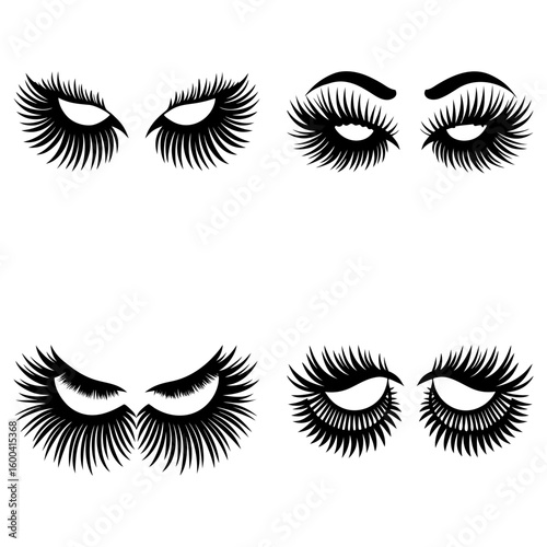 Illustration showing four sets of stylized eyes with long eyelashes in black and white color palette