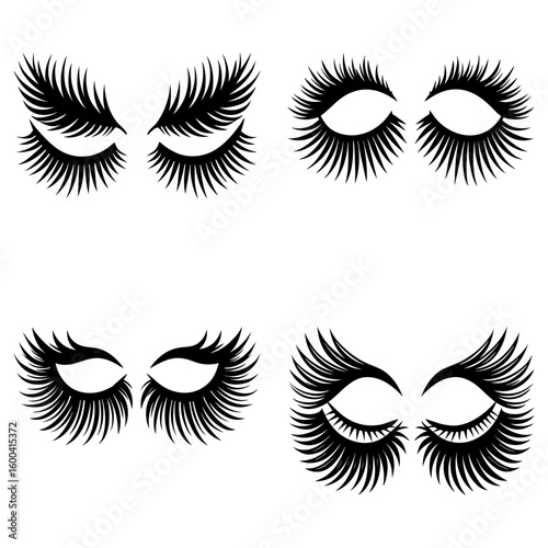 Four sets of stylized eyes with long eyelashes in black and white vector graphic illustration style