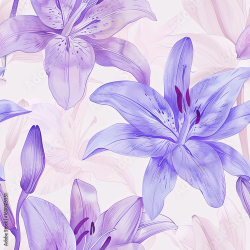 Elegant seamless floral pattern featuring soft purple lilies and lavender blooms perfect for botanical backgrounds and spring summer design concepts