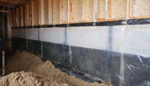 New home construction site shows basement waterproofing installation. Foundation damp proofing membrane applied to wall, soil dirt work ongoing. Protects structure from moisture, ensuring building