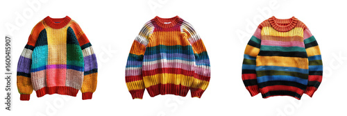 Set of three knitted bright striped chunky knit sweaters isolated on transparent background. Winter autumn warm clothes and fashion