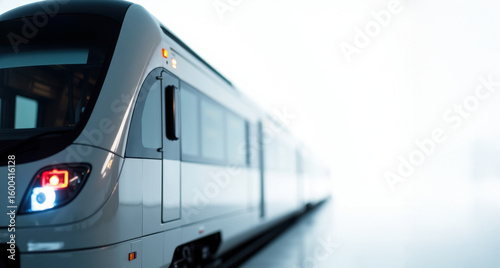 A modern train moving along a track in a bright, minimalistic setting