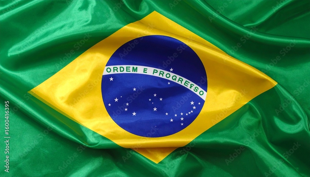 Fototapeta premium Brazilian flag with green field, yellow diamond, blue globe with stars, and “Ordem e Progresso” motto