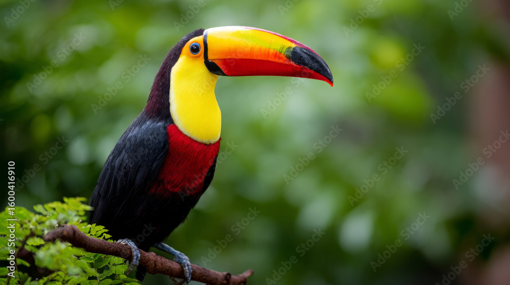 Fototapeta premium Colorful cute toucan tropical bird perched on branch in Brazilian Amazon rainforest with blurred green background, representing exotic wildlife and vibrant jungle biodiversity