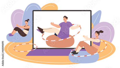 Online fitness class with instructor and participants using hula hoops for a workout session at home