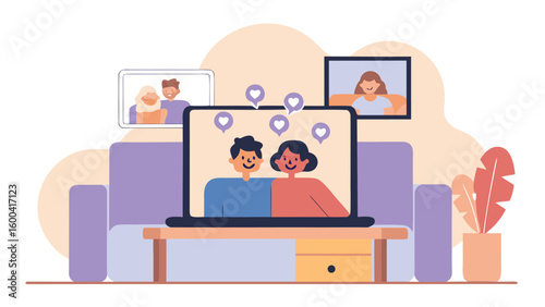 Illustration of a couple video chatting on a laptop with family members in the background screens
