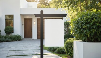 Modern home exterior with empty white real estate sign, ready for listing information. Property for sale advertising billboard poster outside house entrance. Clean architecture design with green