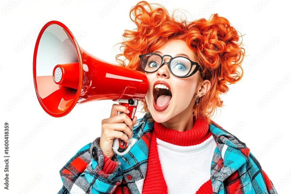 Fototapeta premium A woman with red hair and glasses shouting into a megaphone