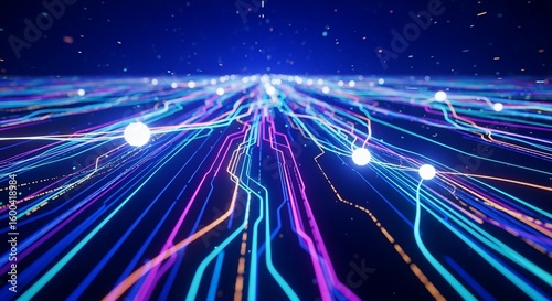 Neon Trails: Abstract Digital Network, Glowing Lines & Nodes, Futuristic Data Stream