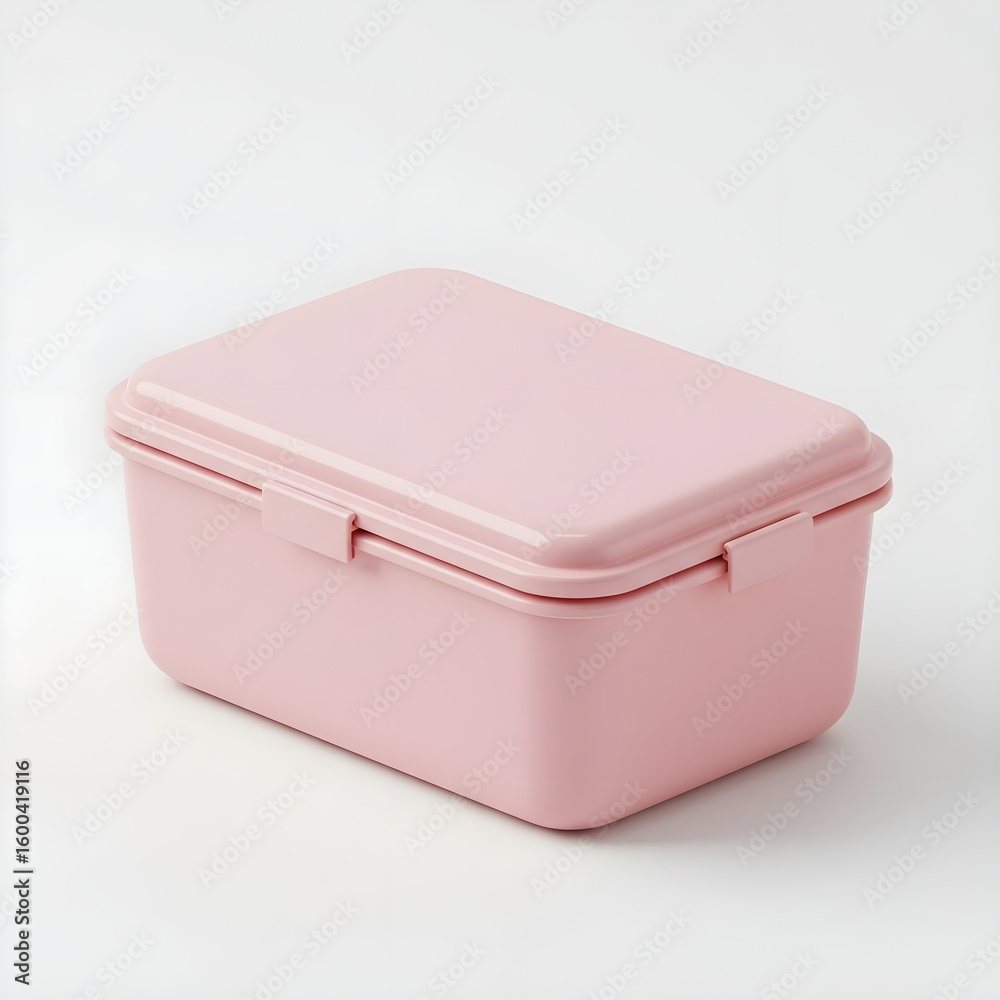 A closed light pink rectangular plastic food storage container isolated on white background A closed light pink rectangular plastic food storage container isolated on white background
