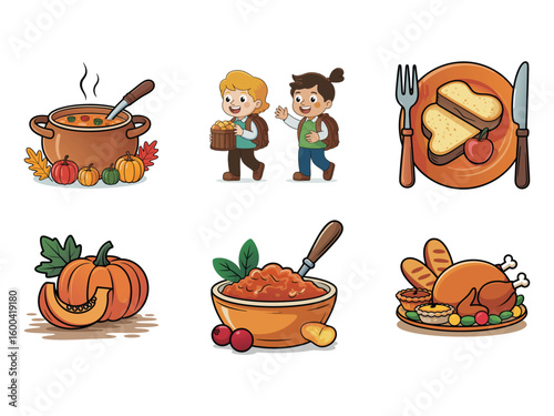 Autumn harvest feast and children with backpacks food soup