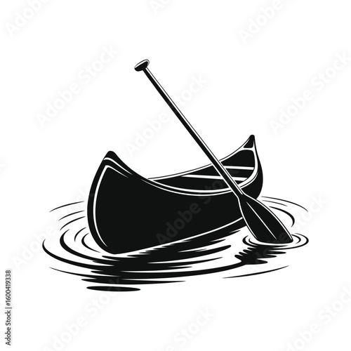 Black canoe and paddle on rippling water ripples black and white