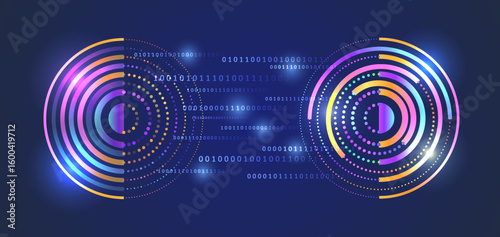 Futuristic abstract data exchange concept with two colored digital circles and binary code on a dark blue background. Symbolizes communication analytics and structuring of data flow and technology.