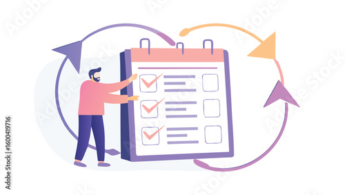 Man checking tasks on a clipboard with checkmarks and arrows indicating a cyclical process in pastel colors