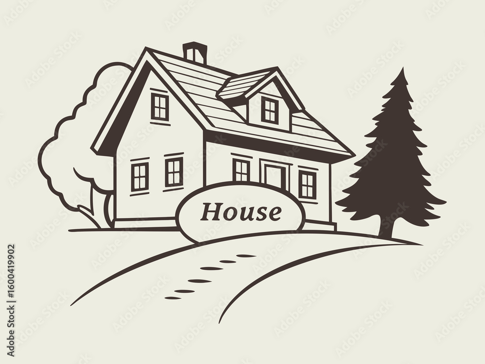 Fototapeta premium Classic Line Art Illustration of a Charming Home