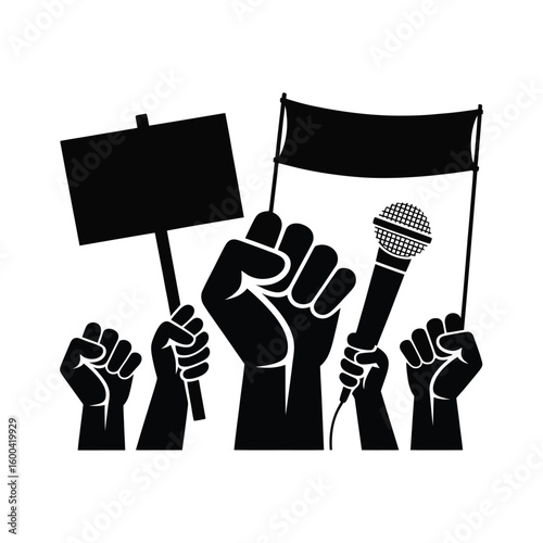 Black Silhouette Hands Holding Signs Banner and Microphone Protest Demonstration Rally fists