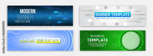 Set of four modern technology banners featuring abstract digital designs, flowcharts, arrows, hexagons and space for custom text. Ideal for business, technology and digital marketing presentations.