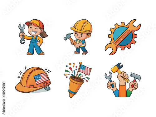 Cartoon construction workers holding tools and celebrating hammer wrench