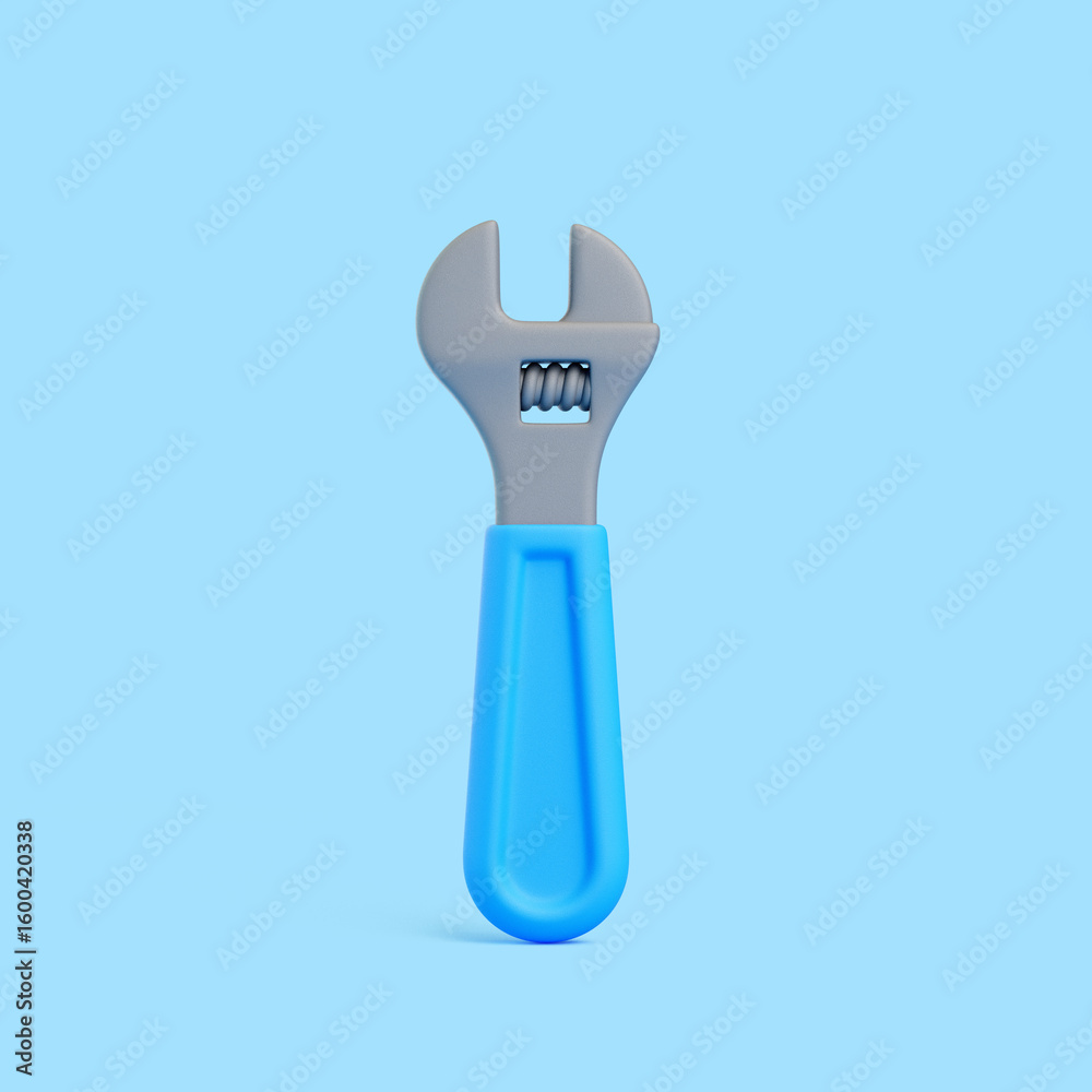 Fototapeta premium 3D adjustable wrench with blue handle on blue background, minimal tool design