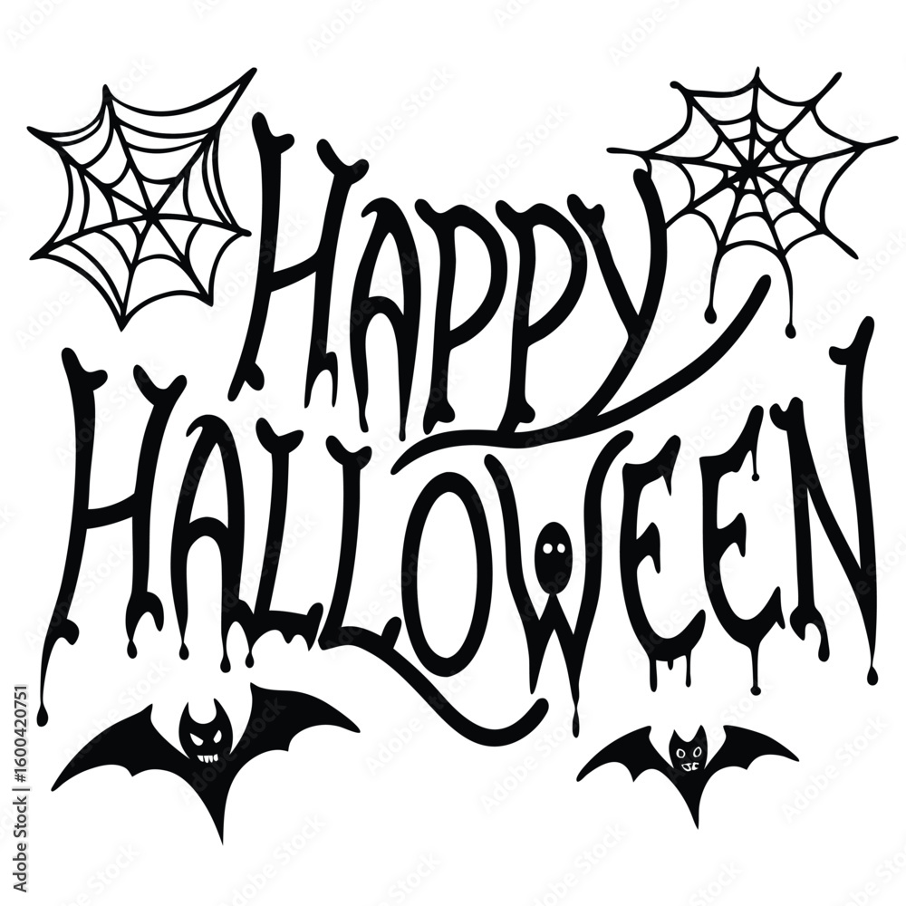 Fototapeta premium Happy Halloween Graphic with Bats and Spiderwebs