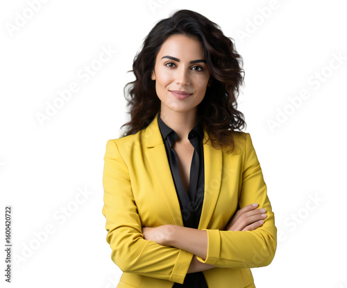 Confident businesswoman posing in bright yellow blazer with arms crossed on transparent background