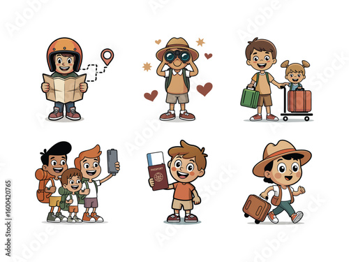 Children enjoying travel adventures with maps passports and luggage vector