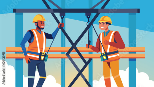 Builders working on scaffolding construction workers safety vests