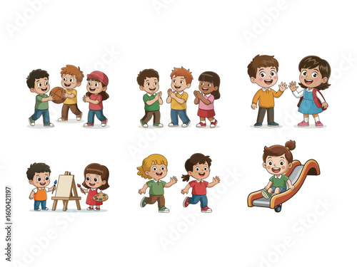 Children playing sports painting and sliding vector