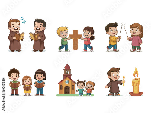 Children singing reading holding cross and candle near church books