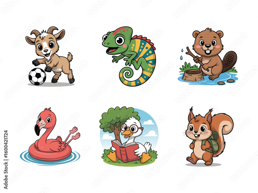 Fototapeta premium Cute animals playing and reading goat soccer ball