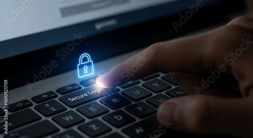 Secure Login: Glowing Padlock Icon on Laptop Keyboard, Close-up